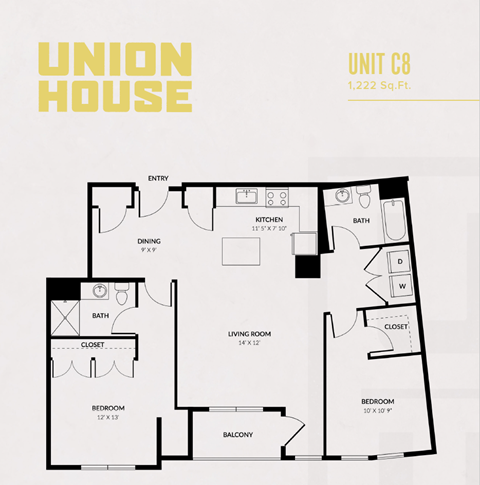 Floor plan for 2 beds, 2 baths, 1222 sqft
